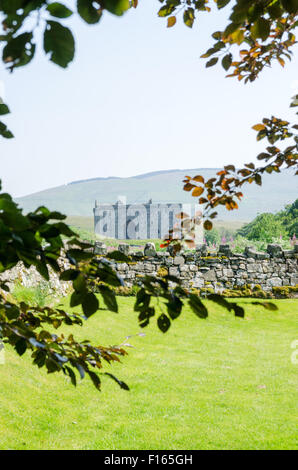 Historic Scotland Hermitage Castle, von der Kapellen Ruinen Liddesdale, Nr. Newcastleton, Scottish Borders, Vereinigtes Königreich Stockfoto