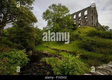 Industrie-Archäologie: die dramatische Ruinen von Ynys y Pandy stillgelegten Slate Mill, Cwmystradllyn, Snowdonia-Nationalpark Stockfoto