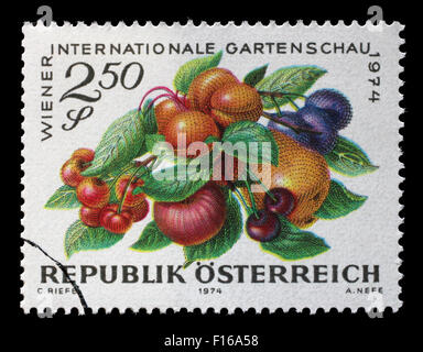 Briefmarke gedruckt in Österreich, gewidmet der Internationalen Gartenschau, Wien, zeigt Früchte, ca. 1974 Stockfoto