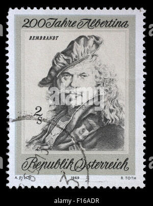 Briefmarke gedruckt in Österreich zeigt Selbstbildnis von Rembrandt, ca. 1969 Stockfoto