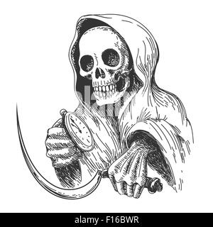 Tod mit Sichel und Pocket Watch. Tusche-Zeichnung Stil. Isoliert auf weiss. Stock Vektor