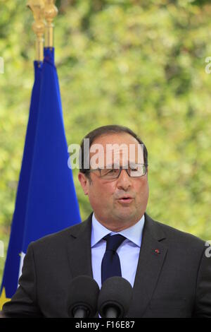 Der französische Präsident Francois Hollande an die regionalen natürlichen Park Bauges, für die Unterzeichnung eines Abkommens TEPOS. Stockfoto