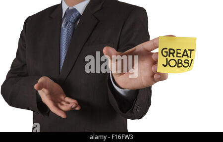 Geschäftsmann Hand zeigen tolle Jobs Wörter auf Zettel mit weißem Hintergrund als Konzept Stockfoto