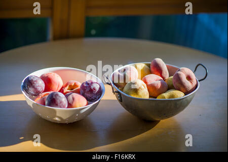 Obst Schüsseln auf den Tisch, Pflaumen, Pfirsiche und Birnen. Stockfoto