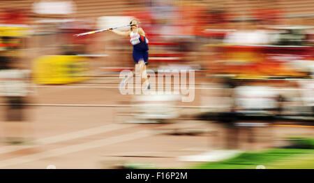 Peking, China. 28. August 2015. Großbritanniens Goldie Sayers konkurriert, während die Frauen Speer werfen Qualifikation bei der IAAF Weltmeisterschaften 2015 in das "Vogelnest" Nationalstadion in Peking, Hauptstadt von China, 28. August 2015. © Fei Maohua/Xinhua/Alamy Live-Nachrichten Stockfoto