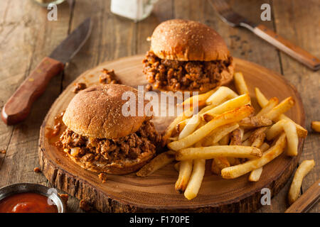 Hausgemachte BBQ Sloppy Joe Sandwiches mit Pommes frites Stockfoto