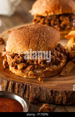 Hausgemachte BBQ Sloppy Joe Sandwiches mit Pommes frites Stockfoto