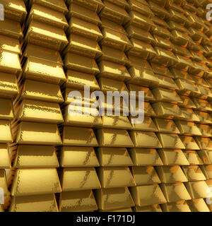Wand von Goldbarren / 3D Render der gestapelte Goldbarren Stockfoto