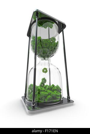 Zeit zum Recyceln / 3D Render Recycling Symbole fallen in Sanduhr Stockfoto