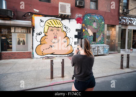 New York, New York, USA. 28. August 2015. Ein Hanksy Fan Fotos ein Wandgemälde von der Streetart-Künstler auf der Lower East Side von New York Darstellung Geschäftsmann und Präsidentschaftskandidat Donald Trump als ein Haufen Kot mit Summen über fliegt, auf Freitag, 28. August 2015 gesehen. Hanksy ist bekannt für seine Wortspiel Kunstwerk viele mit Tom Hanks gefüllt. Bildnachweis: Richard Levine/Alamy Live-Nachrichten Stockfoto