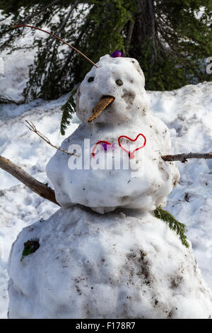 Nahaufnahme von einem Schneemann schmilzt im Frühjahr mit Schlamm und Dreck überall Stockfoto