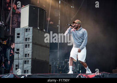 Leeds, UK. 28. August 2015. Kendrick Lamar führt auf der Hauptbühne beim Leeds Festival, Braham Park 28.08.2015 Credit: Gary Mather/Alamy Live News Stockfoto