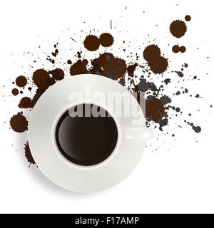 3D Black Coffee in White Cup auf Splash-Hintergrund Stockfoto