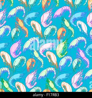 Garnelen. Nahtlose Muster Hintergrund. Orange, rosa, blau, grün Pastell Farbe lineare Zeichnung auf blaugrün. Gezeichnete Illustration, Skizze Stock Vektor