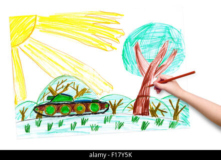 Kinderhand mit Bleistift Zeichnung Bild Stockfoto