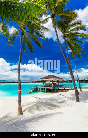 Leere Hängematte zwischen Palmen am tropischen Strand mit pulsierenden blauen Himmel Stockfoto