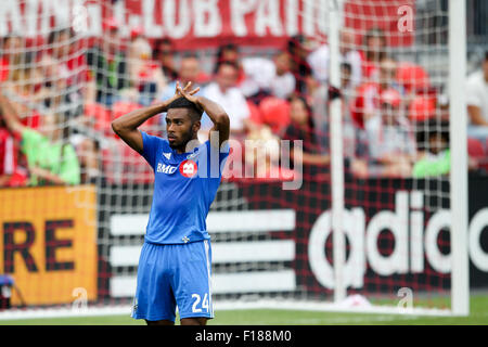 Toronto, Ontario. 29. August 2015. Montreal Impact vorwärts Anthony Jackson-Hamel (24) reagiert auf Nichtbeachtung Punkten während der MLS-Spiel zwischen Montreal Impact und der Toronto FC im BMO Field in Toronto, Ontario. © Csm/Alamy Live-Nachrichten Stockfoto