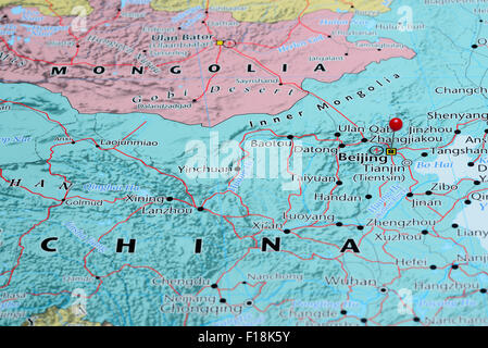 Beijing, fixiert auf einer Karte von Asien Stockfoto