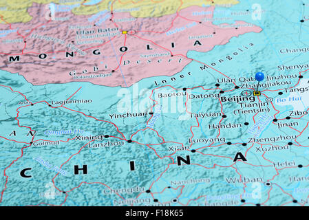 Beijing, fixiert auf einer Karte von Asien Stockfoto