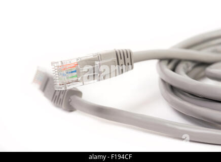 LAN-Kabel / Kabel, CAT5E RJ45-Kopf für den Computer Netzwerk Anschluss isoliert auf weißem Hintergrund Stockfoto