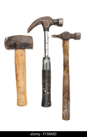 Drei Hämmer, Klumpen, Klaue und Tack Hammer isoliert gegen weiß Stockfoto