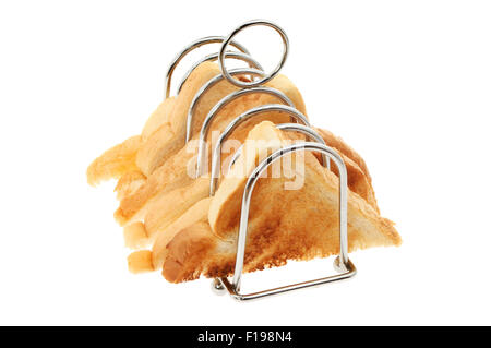 Toastscheiben in einem Toast Rack isoliert gegen weiß Stockfoto