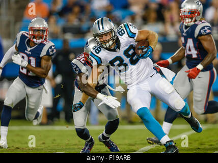 28. August 2015 erhält Charlotte, Carolina Panthers-Tight-End Greg Olsen #88 Birdie nach dem Fang in einem Spiel gegen die New England Patriots am 28. August 2015, bei Bank of America Stadium in Charlotte, North Carolina. Die Patriots besiegte die Panthers 17-16. Margaret Bowles/CSM Stockfoto