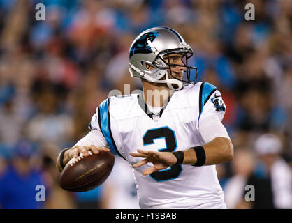 28. August 2015 quarterback Charlotte, Carolina Panthers downfield Derek Anderson #3 sieht für einen Empfänger in einem Spiel gegen die New England Patriots am 28. August 2015, bei Bank of America Stadium in Charlotte, North Carolina. Die Patriots besiegte die Panthers 17-16. Margaret Bowles/CSM Stockfoto