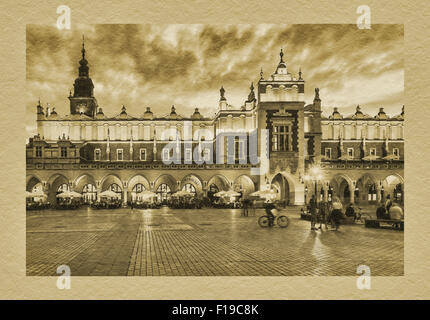 Die Krakauer Tuchhallen (Sukiennice) in der Nacht, in der Mitte der Hauptmarkt, Kleinpolen, Polen, Europa Stockfoto