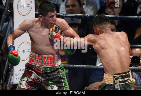 Los Angeles CA. 29. August 2015. (in rot/grün-Stämme) Leo Santa Cruz geht 12 Runden mit Abner Mares Samstag im Staples Center. Leo Santa Cruz übernahm den Sieg durch Mehrheitsbeschluss Abner Mares auf ESPN Premier Boxen Champions.Photo durch: gen Blevins/LA DailyNews © gen Blevins/ZUMA Draht/Alamy Live News Stockfoto