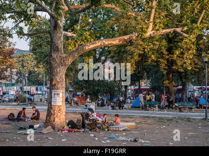 Belgrad, Serbien. 29. August 2015. Migranten provisorischen Lager in Belgrad Bristol Park. Serbien ist eines der wichtigsten Rastplätze für syrische, irakischen und afghanischen Flüchtlinge, die versuchen, Nordeuropa zu erreichen. Stockfoto