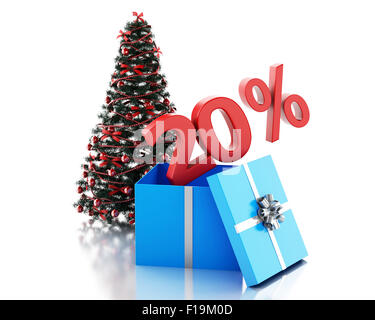 3D Renderer Bild. Geschenkbox mit 20 Prozent Text und Weihnachtsbaum. Weihnachten-Verkauf-Konzept. Isolierten weißen Hintergrund Stockfoto