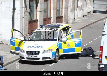 Eine große Übung zum Testen der Rettungsdienste und staatliche Reaktion auf einen Terroranschlag benannt Betrieb starke Tower.outside der stillgelegten u-Bahnstation Aldwych in Surrey Street, WC2 Featuring: Aussicht, Atmosphäre wo: London, Vereinigtes Königreich bei: 30. Juni 2015 Stockfoto