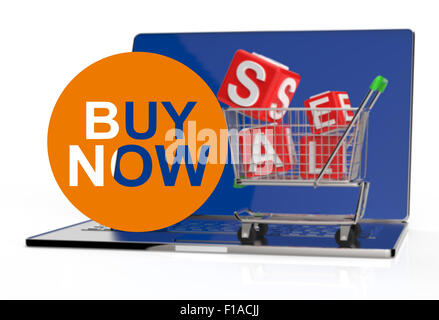 kaufen Sie jetzt auf Laptop-Computer mit Wagen als Konzept Stockfoto