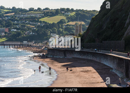 Teignmouth, Devon. 2015. die berühmten Brunel Ufermauer Küste Schiene. Stadt in den Hintergrund und die Passanten ihre Hunde am Strand Stockfoto