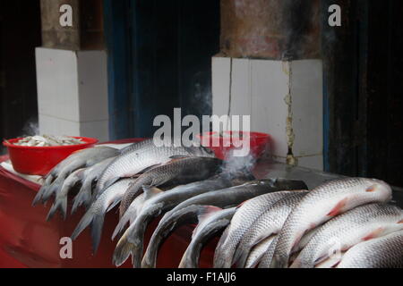 Flussfisch zum Verkauf am Straßenrand in der Nähe von Kathmandu in Autobahn H04, Räucherstäbchen brennen um Geruch zu reduzieren Stockfoto