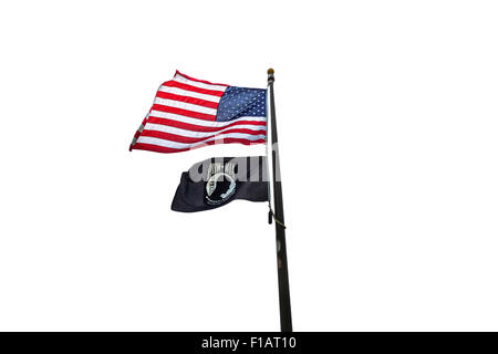 Amerikanischen und POW Fahnen auf dem Display mit einem weißen Hintergrund. Stockfoto