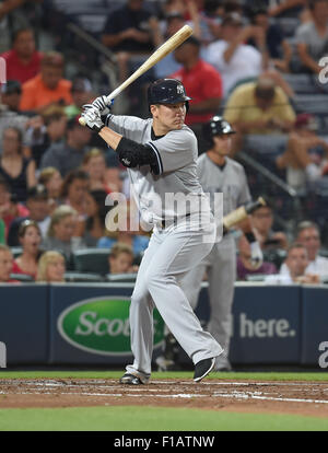 Atlanta, Georgia, USA. 28. August 2015. Masahiro Tanaka (Yankees) MLB: Masahiro Tanaka der New York Yankees Fledermäuse in seiner ersten Kooperationsmodus im zweiten Inning während der Major League Baseball Interleague Spiel gegen die Atlanta Braves im Turner Field in Atlanta, Georgia, USA. © AFLO/Alamy Live-Nachrichten Stockfoto