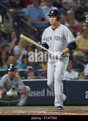 Atlanta, Georgia, USA. 28. August 2015. Masahiro Tanaka (Yankees) MLB: Masahiro Tanaka von der New York Yankees reagiert in seiner zweiten Kooperationsmodus im zweiten Inning während der Major League Baseball Interleague Spiel gegen die Atlanta Braves im Turner Field in Atlanta, Georgia, USA. © AFLO/Alamy Live-Nachrichten Stockfoto