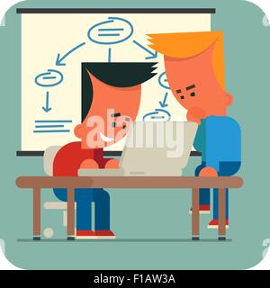 Teamarbeit. Zwei junge Mann zusammen arbeiten. Man arbeitet an Laptop, eine andere ist auf dem Tisch und denken. Stock Vektor