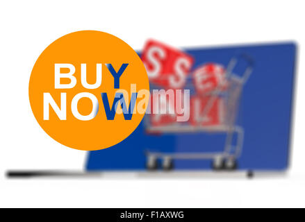 kaufen Sie jetzt auf Laptop-Computer mit Wagen als Konzept Stockfoto
