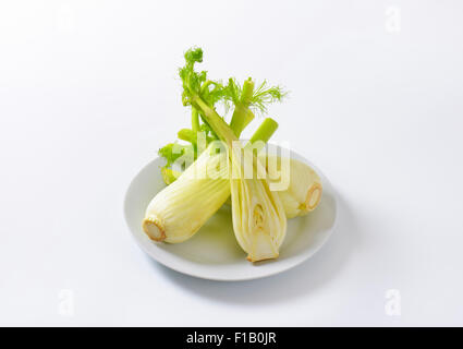 frische Fenchelknollen auf weißen Teller Stockfoto