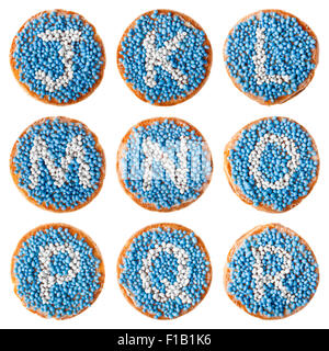 "Beschuit met Muisjes", eine traditionelle Behandlung zur Feier der Geburt eines Kindes in den Niederlanden. Blau für einen jungen. Stockfoto