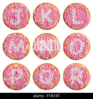 "Beschuit met Muisjes", eine traditionelle Behandlung zur Feier der Geburt eines Kindes in den Niederlanden. Rosa für ein Mädchen. Stockfoto