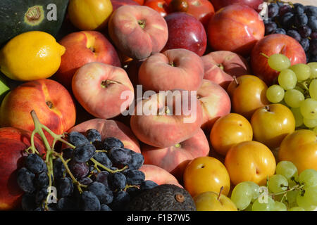 Frisches Obst.  Weintrauben, rot & gelben Pflaumen, Paraguaya Pfirsiche, Nektarinen, Tomaten, Zitronen, Apfel, Wassermelone Stockfoto