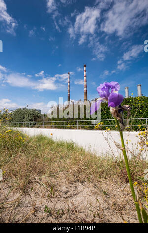 Die zwei Schornsteine der Poolbeg Elektrizität Kraftwerk auf Dublins Nordwand, Dublin, Irland. Stockfoto