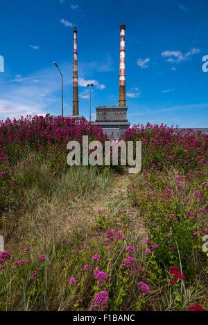 Die zwei Schornsteine der Poolbeg Elektrizität Kraftwerk auf Dublins Nordwand, Dublin, Irland. Stockfoto