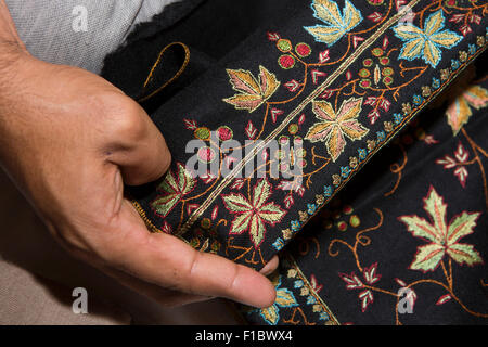 Indien, Jammu & Kaschmir, Srinagar, Hand Embroiderered chinar Blatt Motiv Grenze von feinster Qualität pashmina Stockfoto