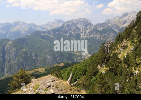 Radohima-massiv und Thethi Tal vom Weg zwischen Thethi und Valbona Pass, Thethi Nationalpark, verfluchten Berge, Albanien, Balkan, Europa Stockfoto