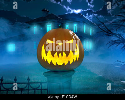 Halloween-Nacht mit unheimlich Haus Hintergrund. 3D-Rendering Stockfoto